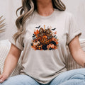 Sand Gildan Softstyle tee mockup with leopard and plaid pumpkins tied with a leopard bow