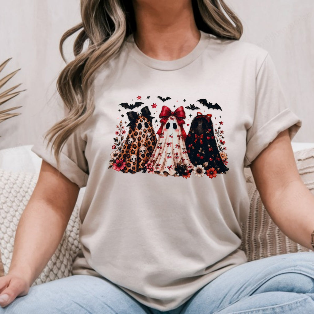 Sand Gildan Softstyle tee mockup with three ghosts wearing red bows surrounded by red roses and bats