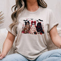 Sand Gildan Softstyle tee mockup with three ghosts wearing red bows surrounded by red roses and bats