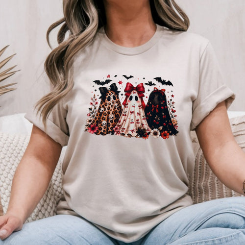 Sand Gildan Softstyle tee mockup with three ghosts wearing red bows surrounded by red roses and bats